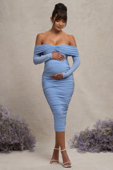 Powder Blue Bardot Twist Maternity Midi Dress